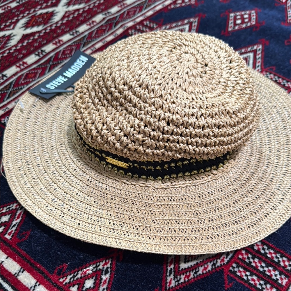 Steve Madden Beige Woven Hat with Black and Gold Accents